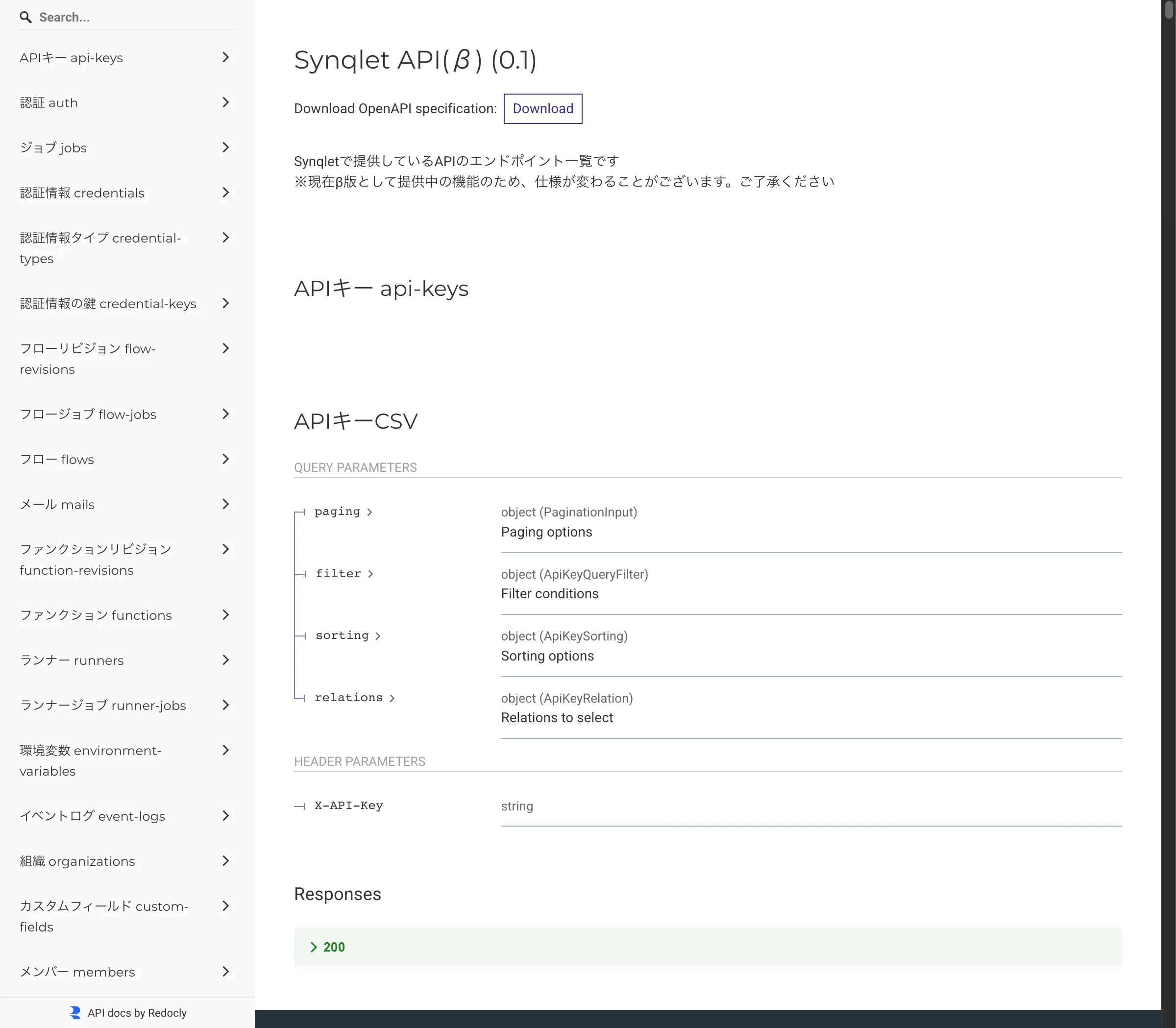APIリファレンス（Redoc）の画面