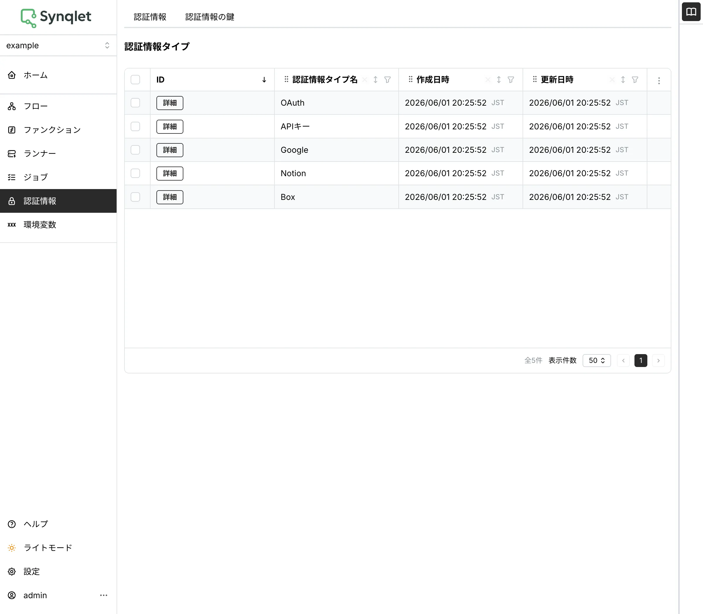 認証情報タイプの一覧（APIキー / OAuth / Google / Notion / Box）