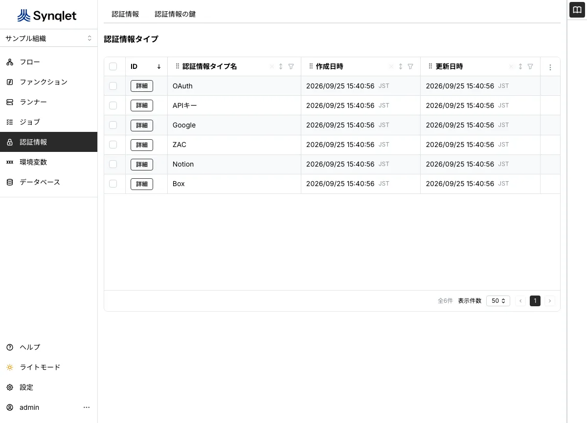 認証情報タイプの一覧（APIキー / OAuth / Google / Notion / Box / ZAC）